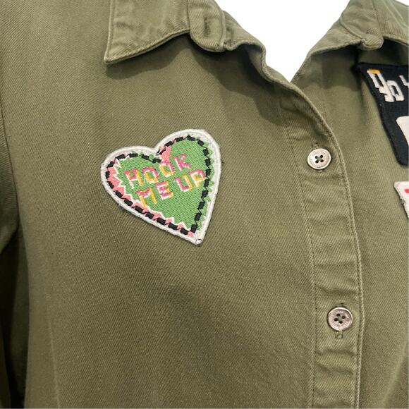 Zara Olive Green Patches Denim Button Down 3/4 Sleeve Shirt Dress sz S Trafaluc - Picture 6 of 13